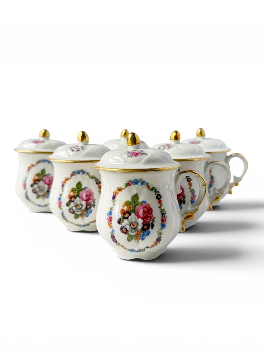 Vintage Limoges Pots de Crème with Lids Floral Gilt Porcelain Set of 6
